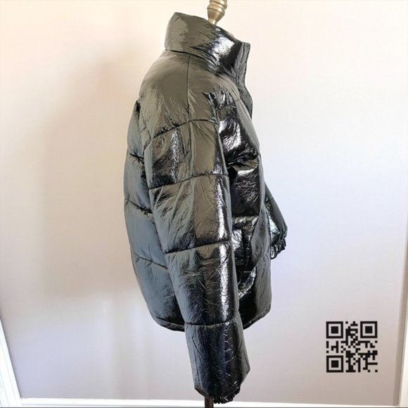 Adika Black Glossy Shiny Vinyl Reagan Puffy Jacket - S/M - Picture 5 of 10